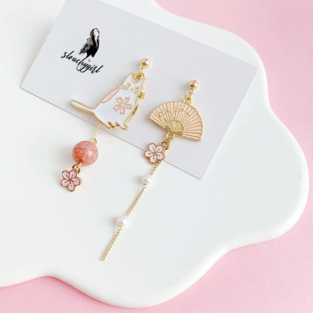 fashion alloy cat earrings asymmetric long tassels